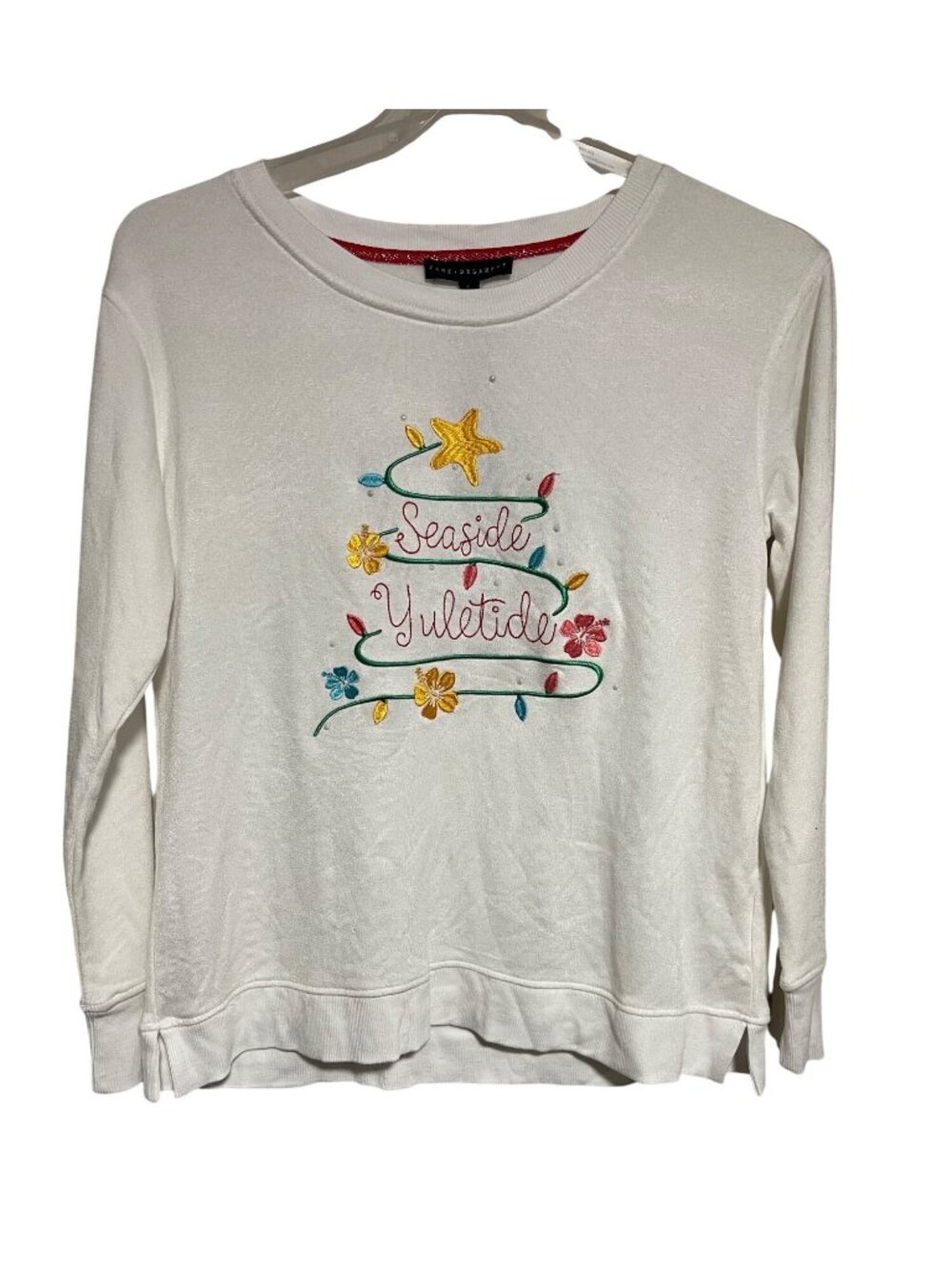 Jane + Delancey Seaside Yuletide Sweatshirt Womens Small White Holiday FLAW READ